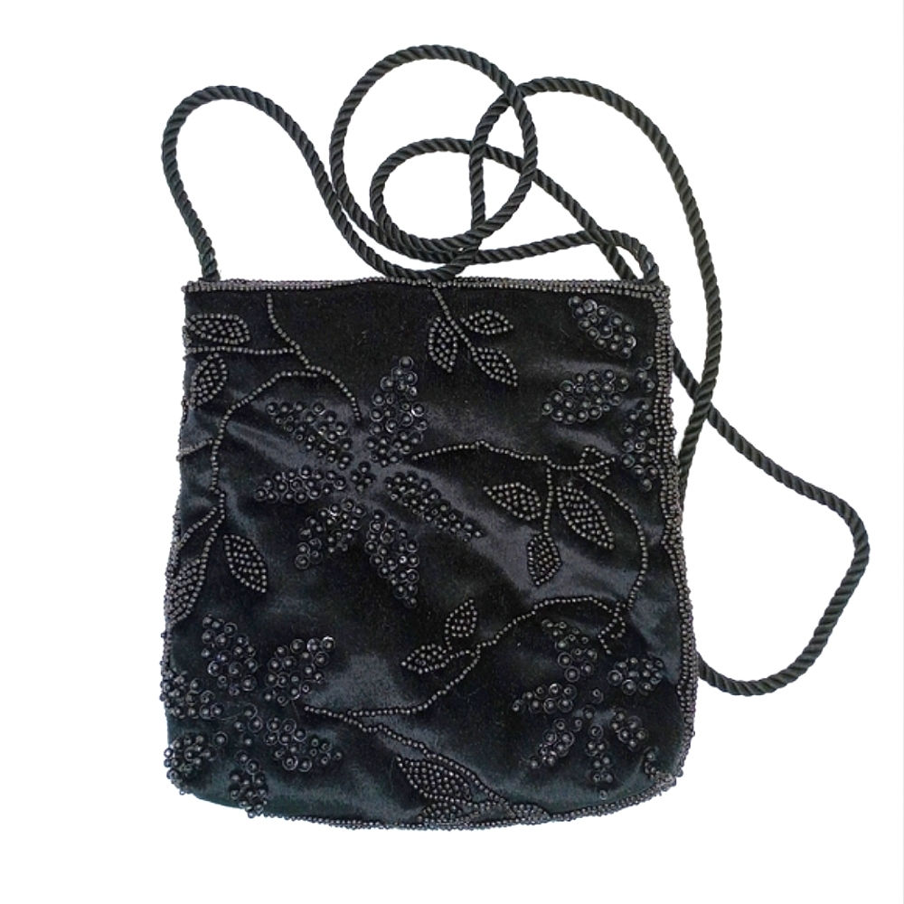 New Ann Taylor LOFT BLACK SILKY VELVET BEADED Crossbody BAG